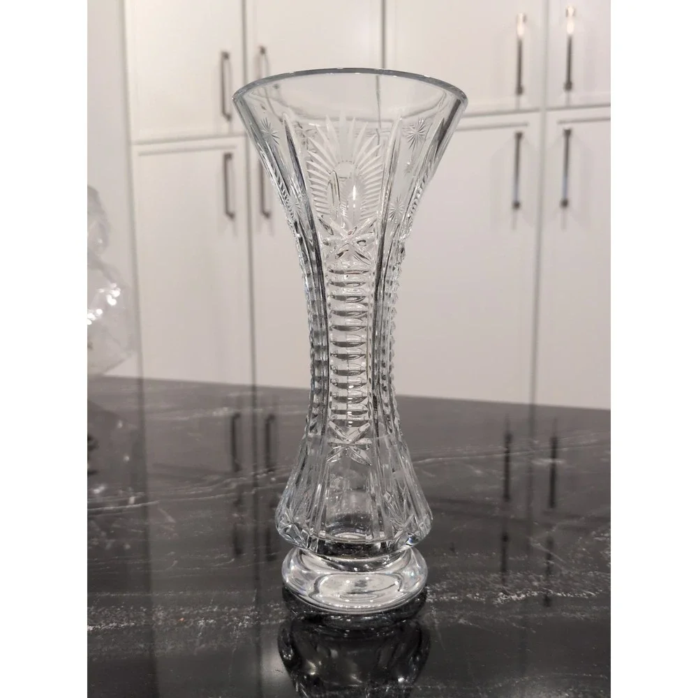 Vintage‎ Cut Crystal Trumpet Bud Vase Starburst Fan Pattern Clear Glass 8 inch